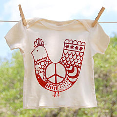 Organic Cotton Lap Shoulder Baby Shirt, Red 'Peace Chicken' on Natural Shirt