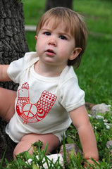 Organic Cotton Baby Onesie, Red 'Peace Chicken' on Natural Onesie