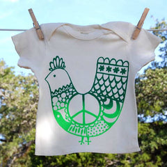 Organic Cotton Lap Shoulder Baby Shirt, Green 'Peace Chicken' on Natural Shirt
